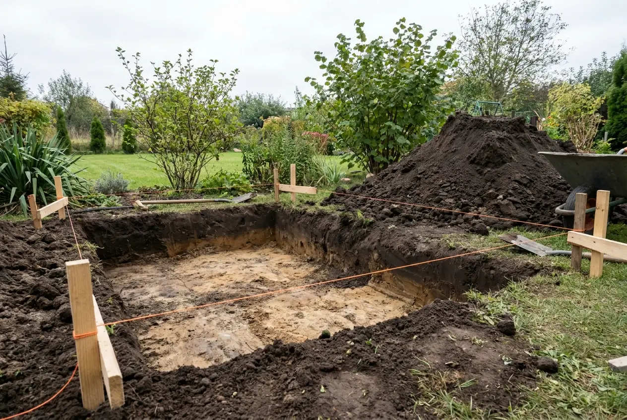 Wykop pod taras ze zdjętą warstwą humusu i sznurkami rozpiętymi nad krawędziami