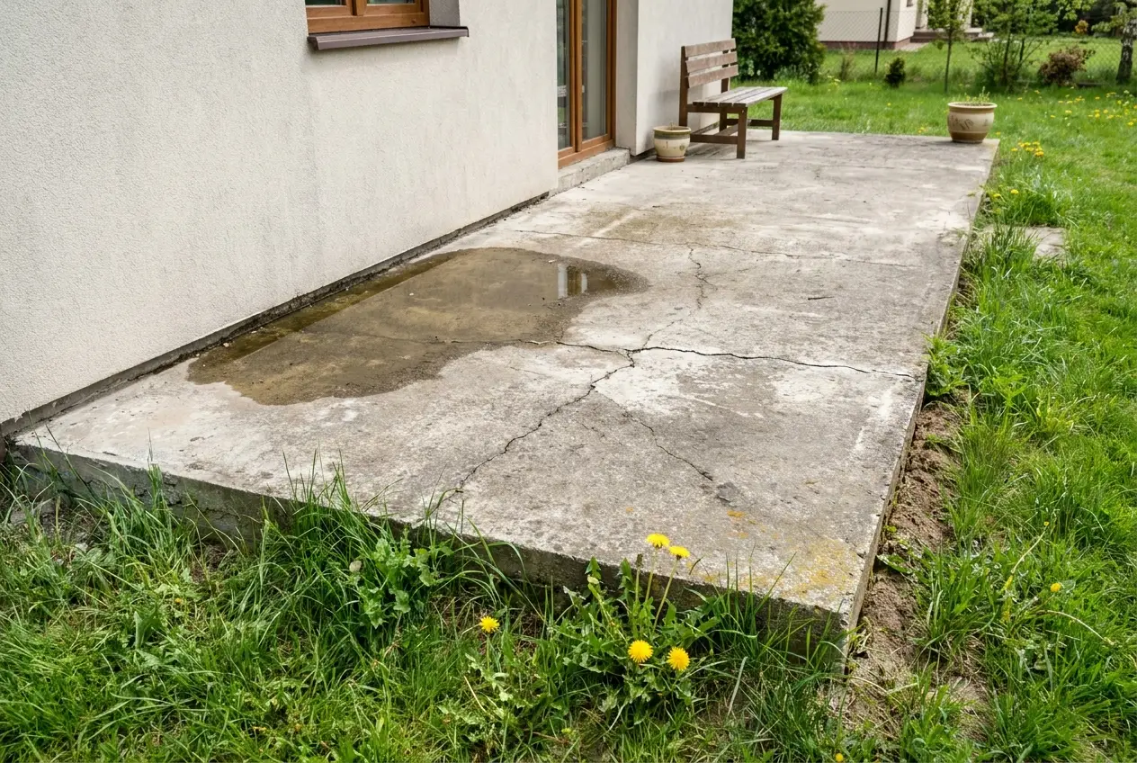 Stara betonowa płyta tarasu z pęknięciem i wodą stojącą przy ścianie budynku
