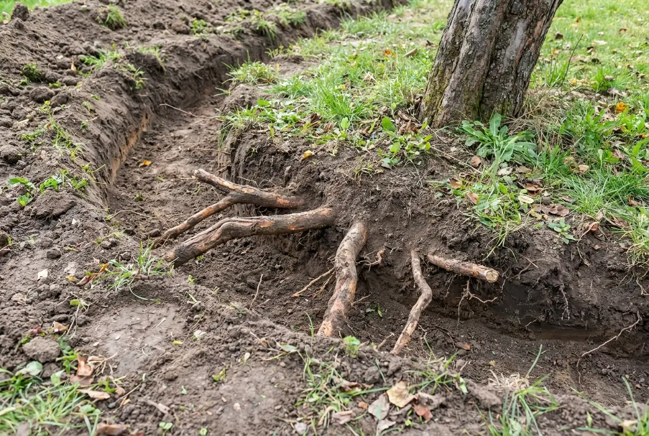 Grube korzenie jabłoni odsłonięte w ścianie wykopu, wykop poprowadzony wokół nich