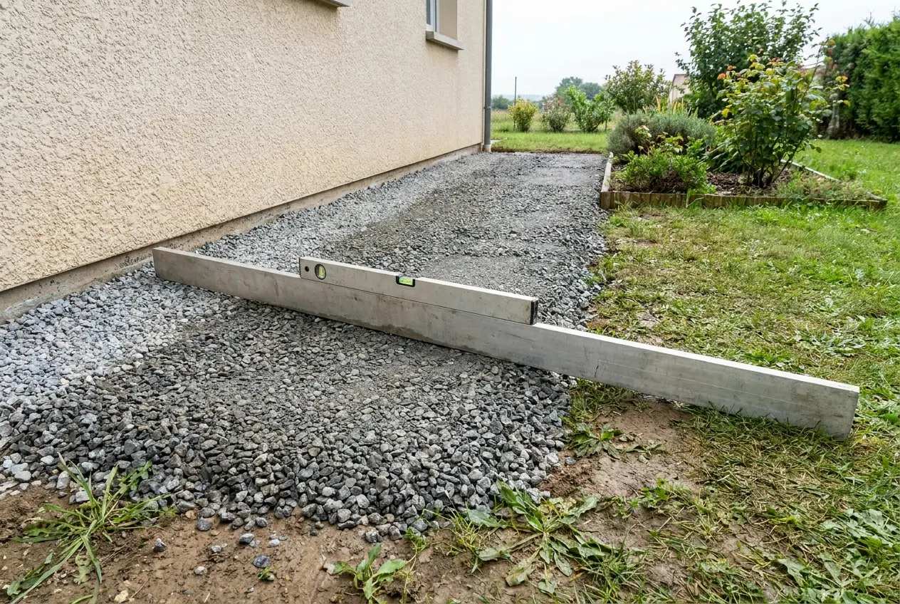Łata aluminiowa z poziomicą leżąca na podbudowie ze spadkiem odprowadzonym od budynku