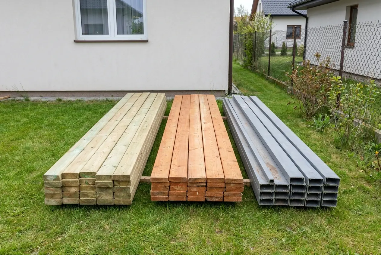 Legary tarasowe trzech rodzajów: drewno impregnowane, modrzew i profile aluminiowe