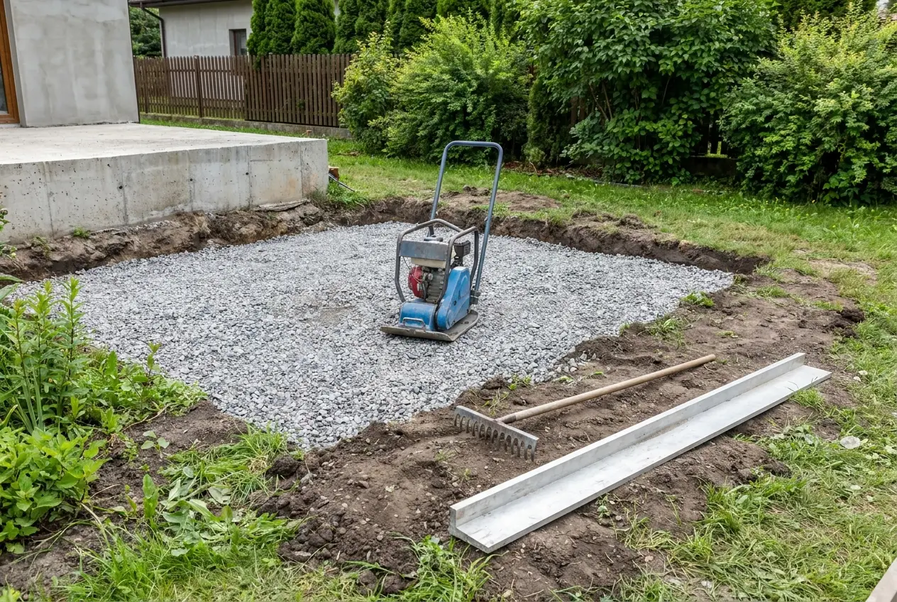 Zagęszczarka płytowa stojąca na warstwie kruszywa, obok grabie i łata