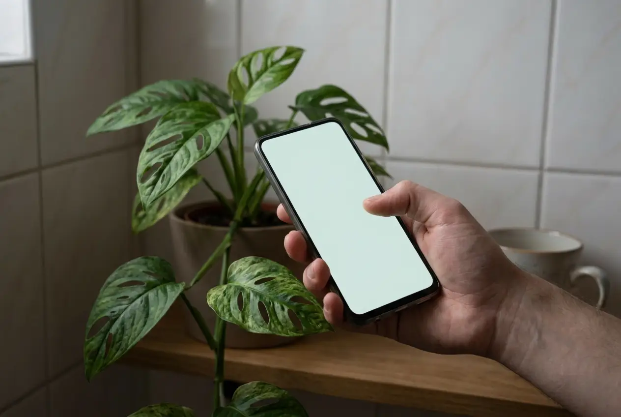 Dłoń trzymająca telefon nad liśćmi rośliny w łazience, jak przy pomiarze światła