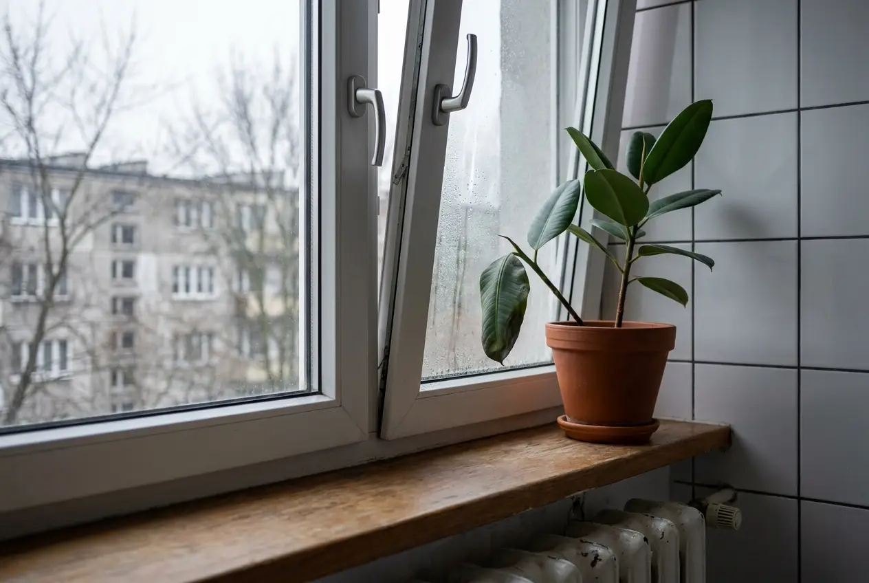 Roślina na parapecie przy uchylonym oknie w zimny dzień, liść przy szybie przyciemniony na brzegu