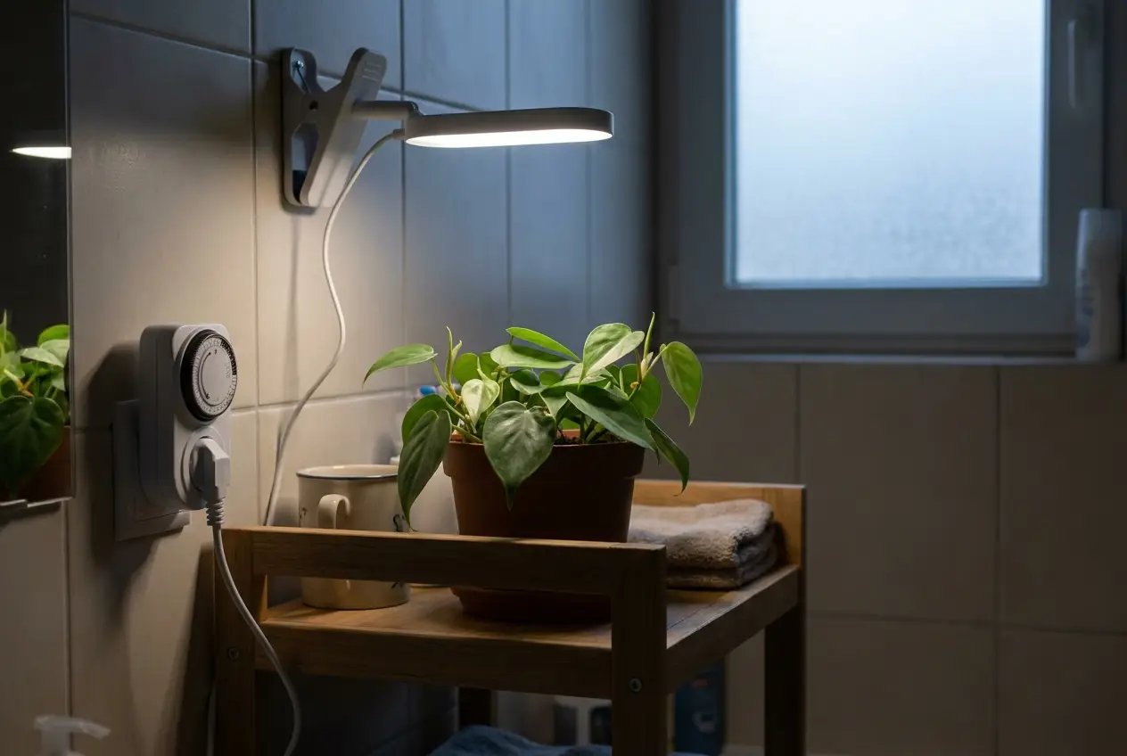 Lampa do roślin na klipsie nad doniczką w łazience, obok programator czasowy w gniazdku