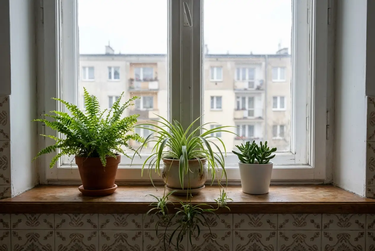 Trzy zdrowe rośliny doniczkowe na parapecie łazienki od strony północnej