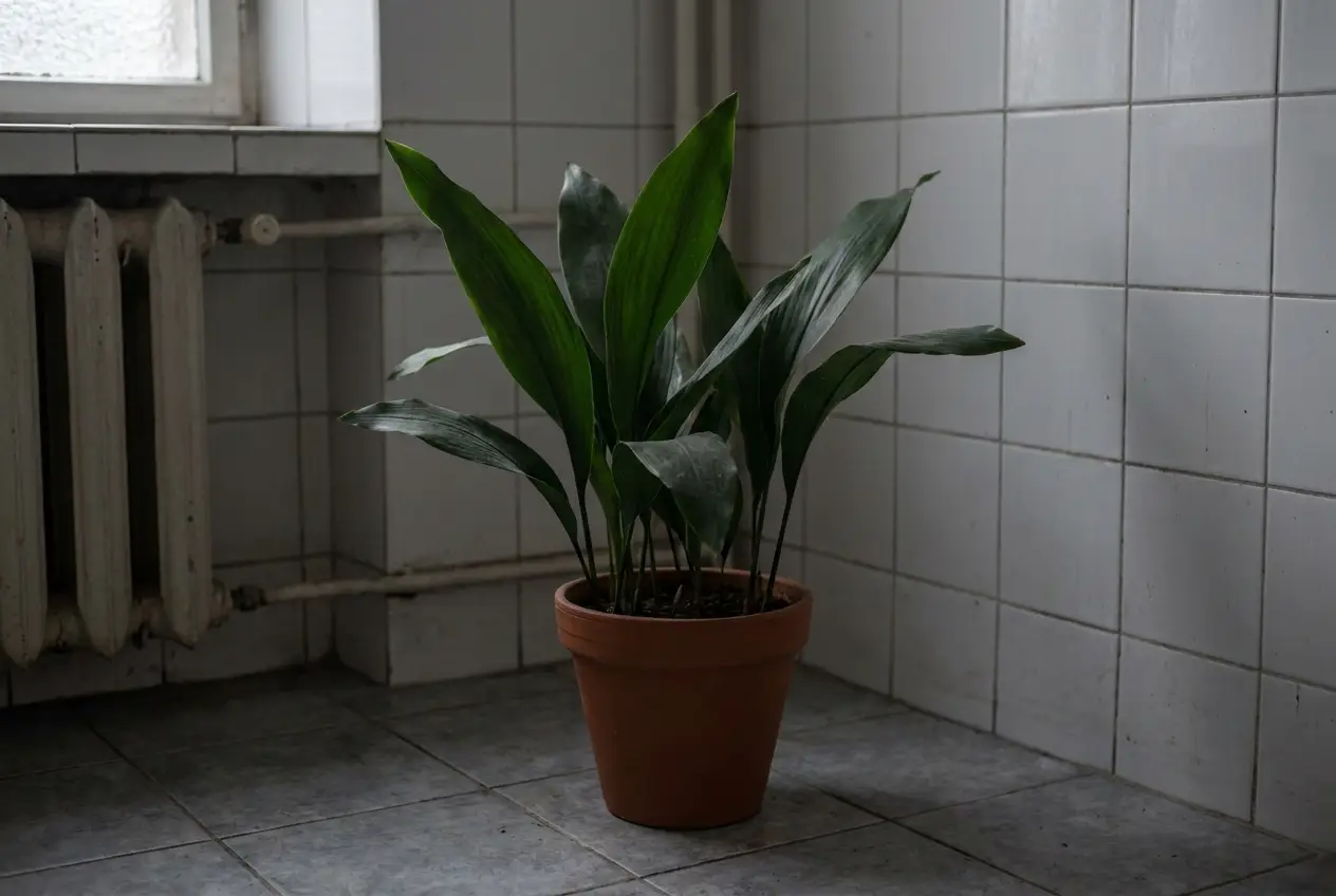 Aspidistra w doniczce w ciemnym kącie wyłożonej kafelkami łazienki
