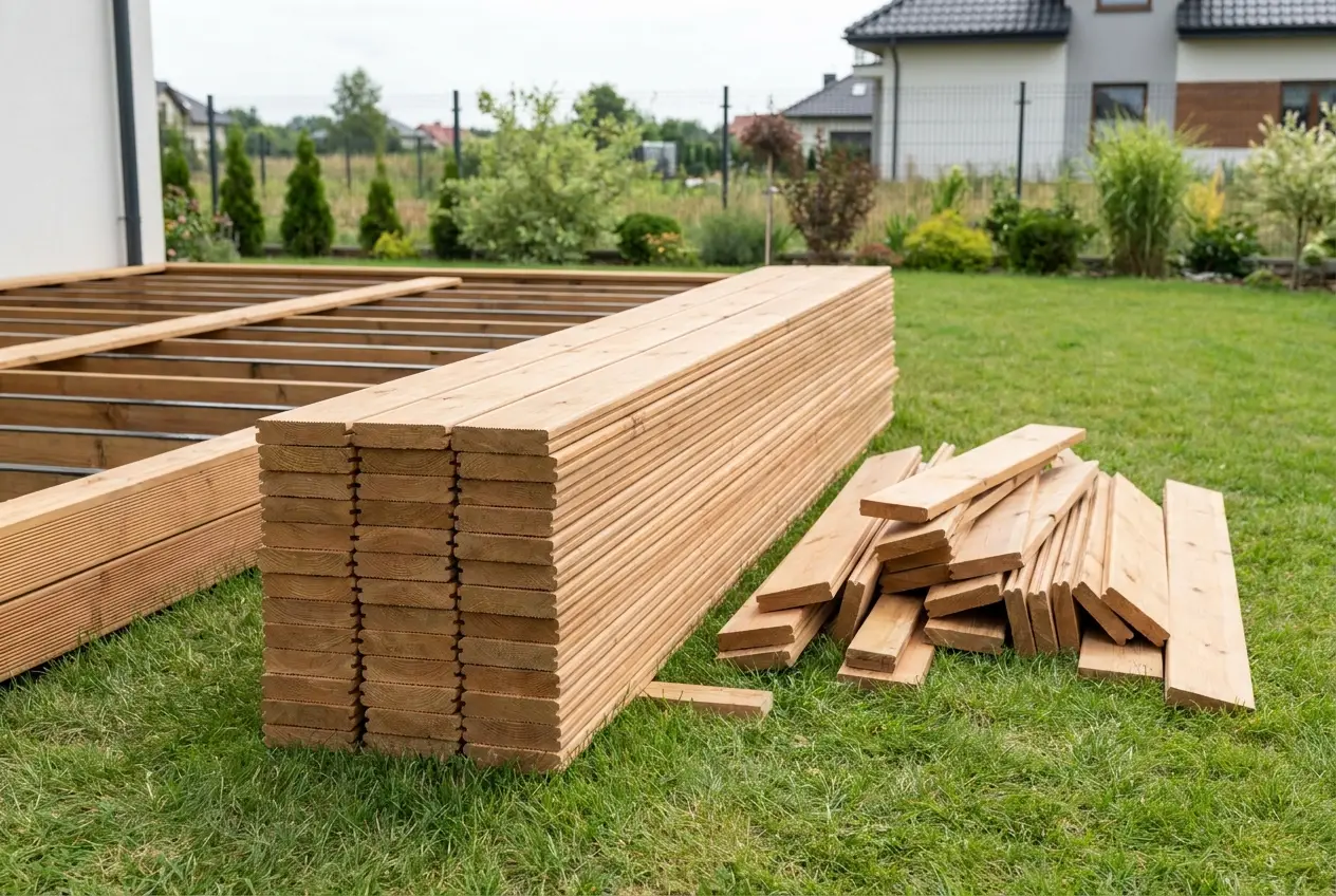 Stos nowych desek tarasowych na trawie, obok osobna kupka docinków