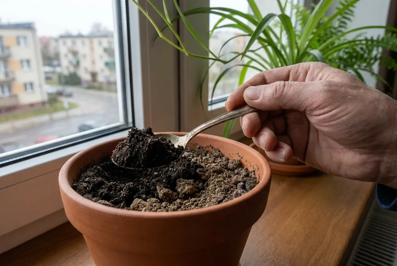 Dłoń zdejmująca łyżeczką wierzchnią warstwę ciemnego, wilgotnego podłoża z doniczki, odsłaniająca jaśniejszą, suchszą ziemię pod spodem.