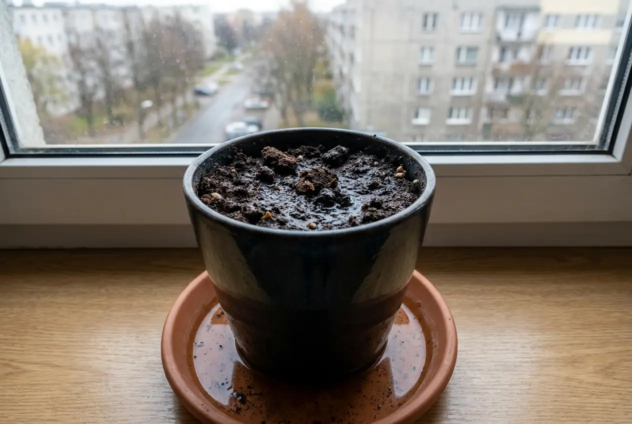 Powierzchnia stale mokrego podłoża w doniczce stojącej w podstawce z wodą, przy oknie w bloku.