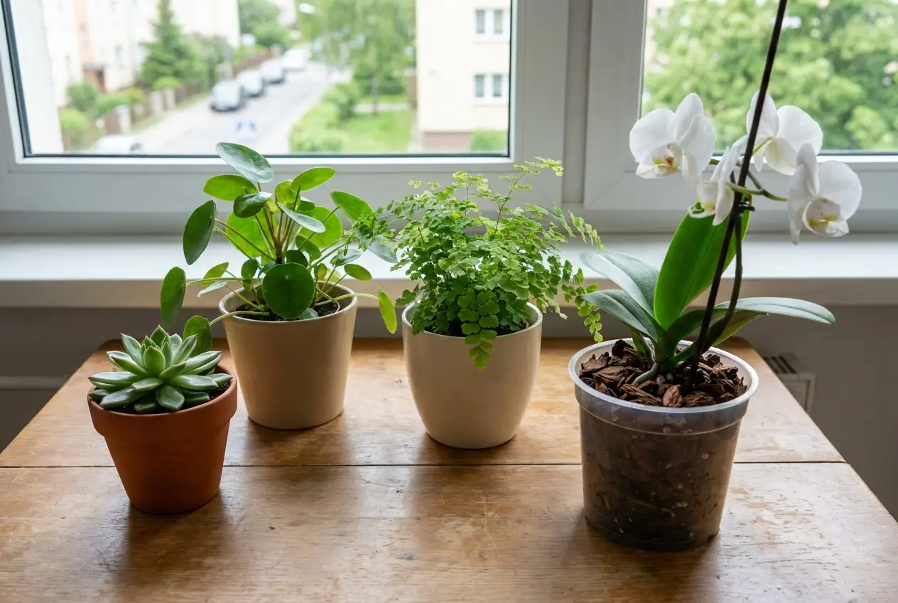 Sukulent, pilea, paproć i storczyk w korze stojące obok siebie na stole