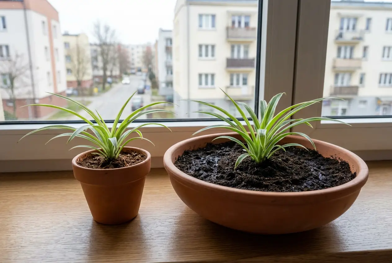 Ta sama roślina w doniczce dopasowanej i w wyraźnie za dużej misie