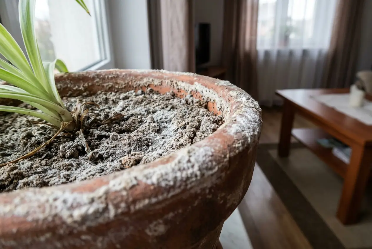 Biały twardy osad na krawędzi doniczki terakotowej i na powierzchni podłoża