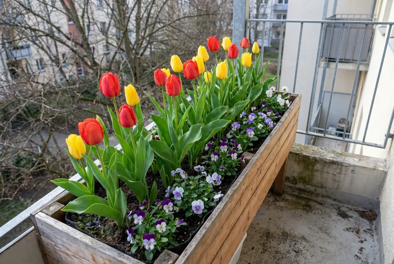 Skrzynka balkonowa z kwitnącymi tulipanami i bratkami wczesną wiosną