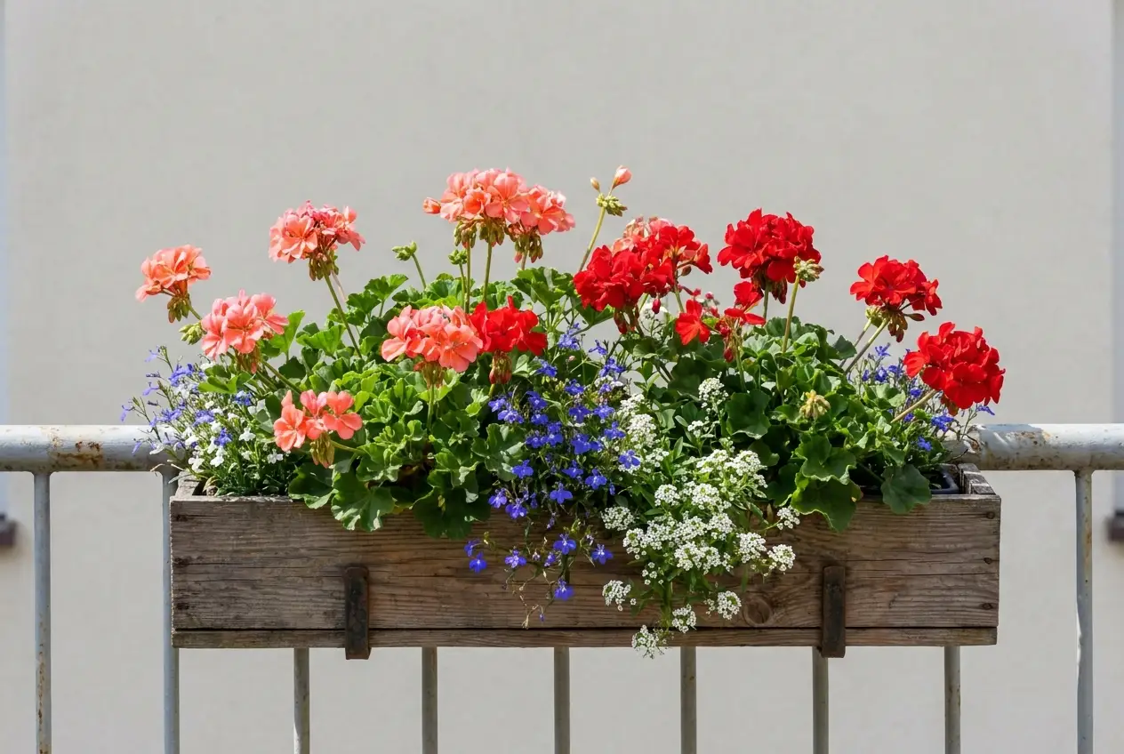 Skrzynka balkonowa gęsto obsadzona kwitnącymi pelargoniami