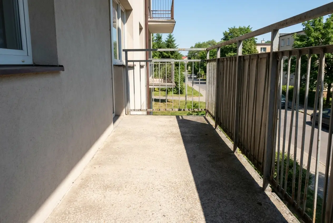 Pusty balkon z widocznym podziałem na część słoneczną i zacienioną
