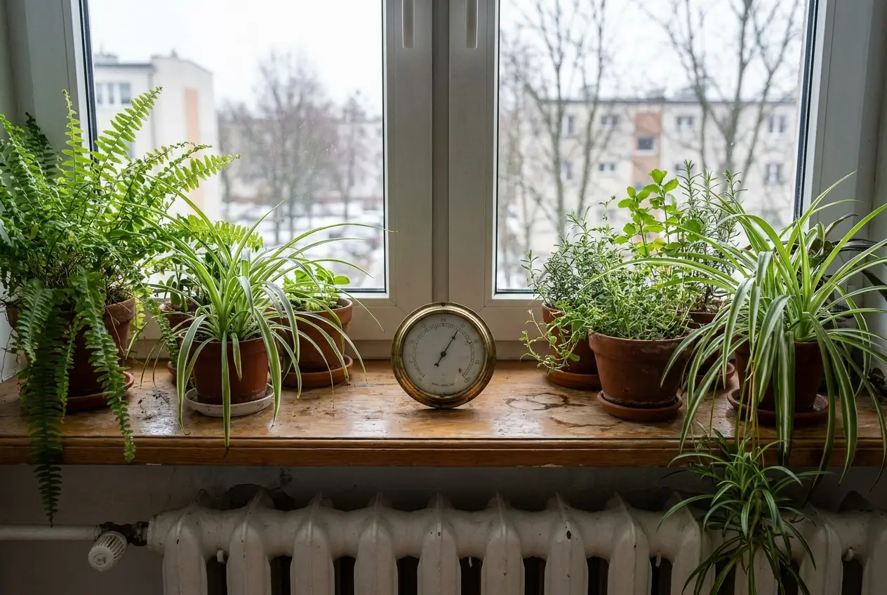 Higrometr wśród zgrupowanych roślin doniczkowych na parapecie nad grzejnikiem