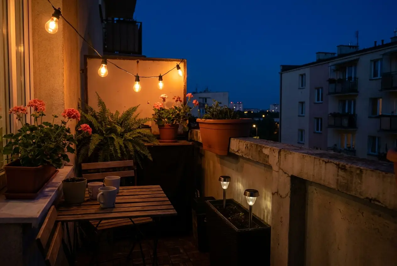 Girlanda świetlna i lampy solarne na tarasie po zmroku