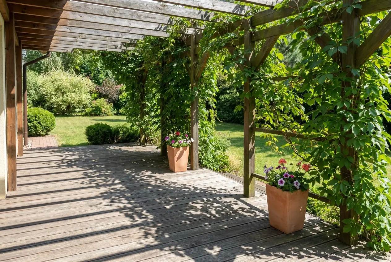 Pergola z winobluszczem rzucająca ażurowy cień na taras