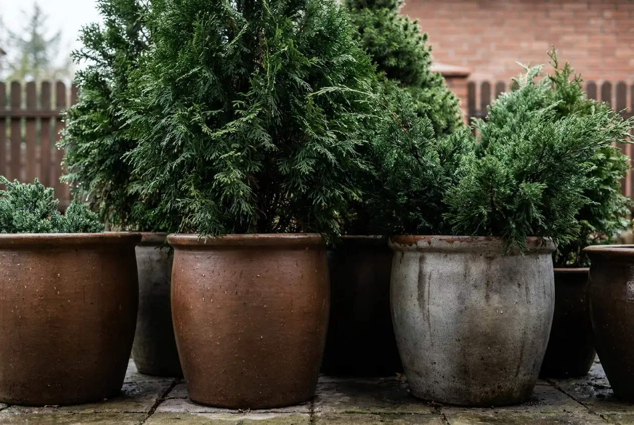 Taras z kilkoma dużymi, okrągłymi ceramicznymi donicami, w których rosną wysokie, zielone iglaki, tworzące gęstą zasłonę. Widok z bliska na rośliny.
