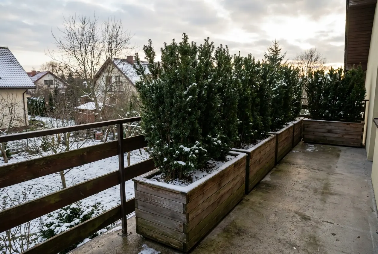 Zimozielone krzewy liściaste, takie jak ostrokrzew, posadzone w rzędzie w prostokątnych donicach o długości 100 cm. Ustawione wzdłuż balustrady tarasu, z widokiem na lekko ośnieżony ogród.