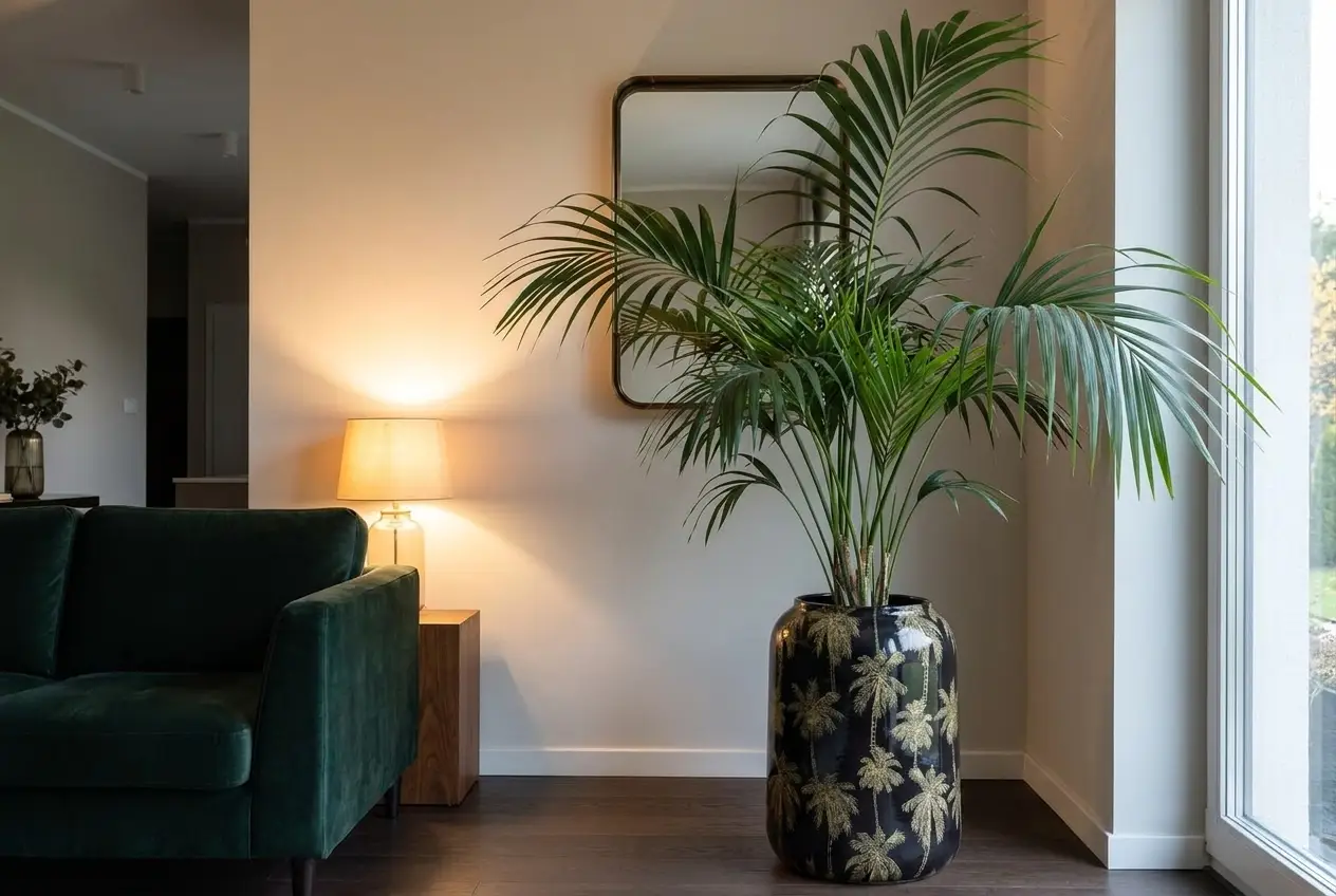 Wysoka czarno-złota donica z motywem palm i kencją w narożniku eleganckiego salonu