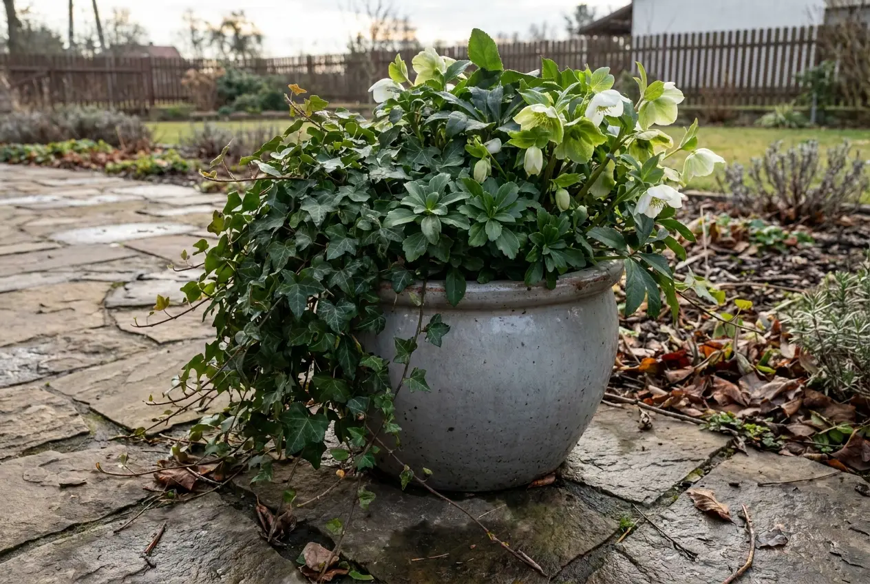 Duża donica ceramiczna w odcieniach szarości, wypełniona zielonymi roślinami, takimi jak bluszcz zwisający, tiarella sercolistna i ciemiernik wschodni z białymi kwiatami.