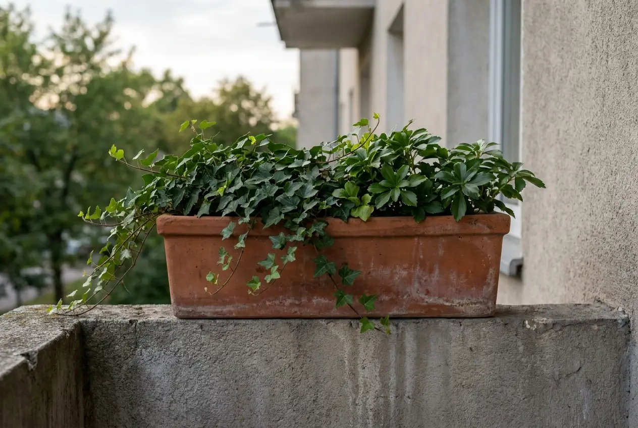 Długa, wąska donica ceramiczna na niskiej balustradzie tarasu, z bluszczem zwieszającym się przez krawędź i kępami tiarelli sercolistnej.