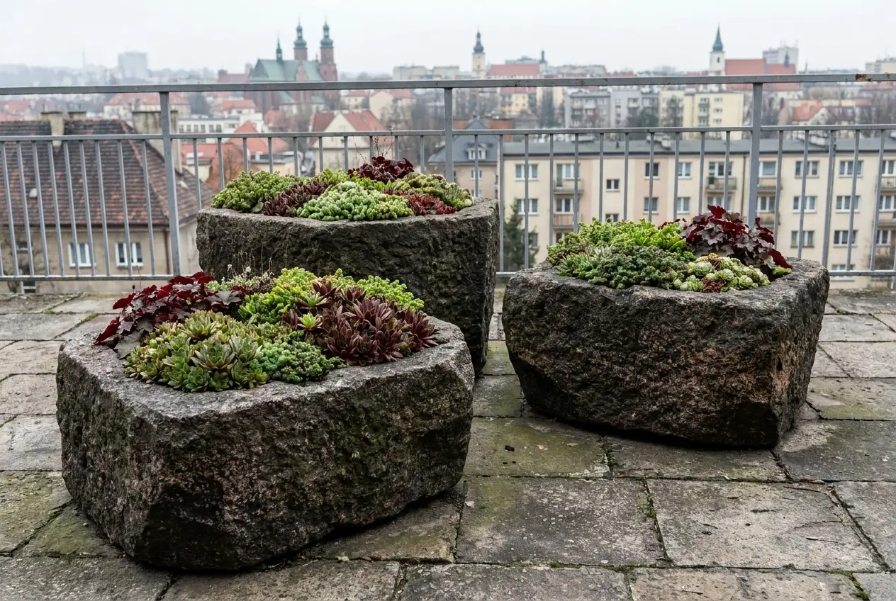 Trzy ciężkie, kamionkowe donice z niskimi, gęstymi kompozycjami roślinnymi, stojące na przestronnym, wysokim tarasie.