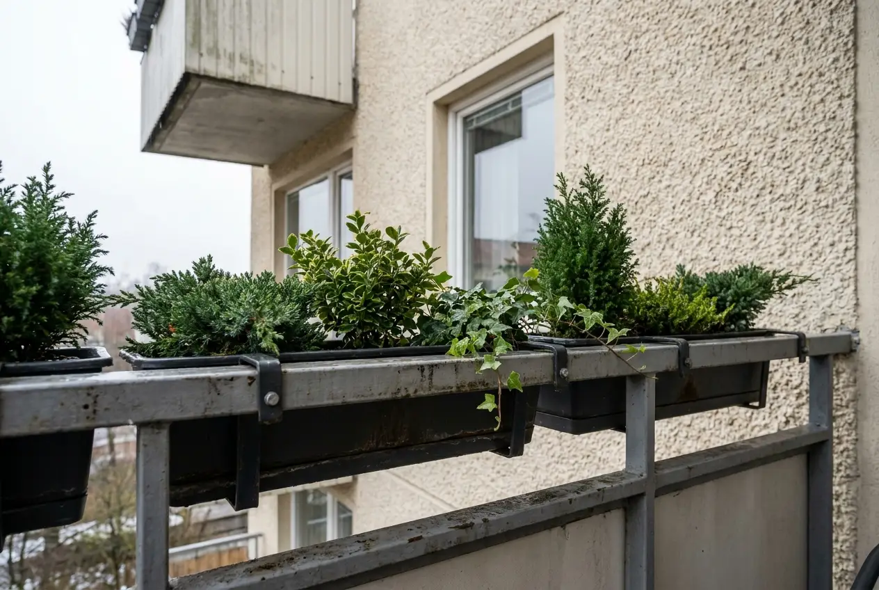 Małe, prostokątne donice z zimozielonymi krzewinkami i płożącymi roślinami, zawieszone na balustradzie balkonu.