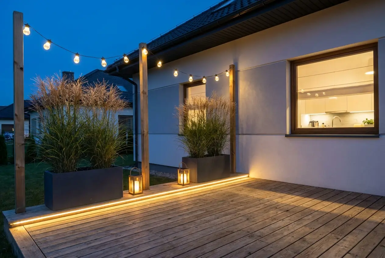 Oświetlenie tarasu - 33 inspiracje na LED, solary i girlandy