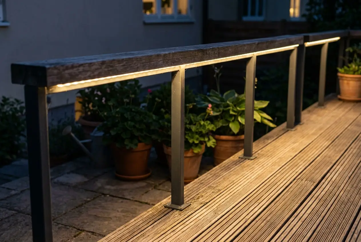 Fragment balustrady tarasu z metalowymi słupkami i drewnianym pochwytem, pod którym zamontowano linię ciepłego światła LED. Światło rozprasza się na boki, oświetlając niewielką część podłogi tarasu.