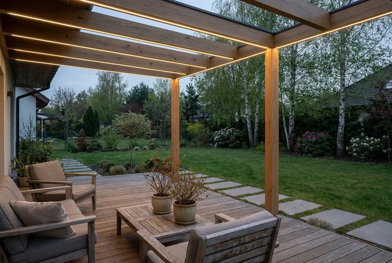 Pergola tarasowa z ukrytą taśmą LED wzdłuż belek, tworzącą liniowe podświetlenie konstrukcji drewnianej.