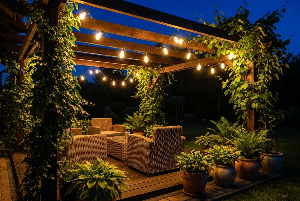 Drewniana pergola tarasowa z wplecioną girlandą świetlną, tworzącą świetlisty baldachim. Pod pergolą meble wypoczynkowe.