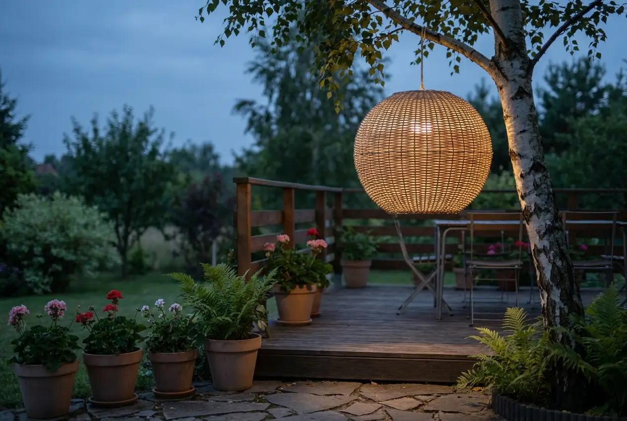 Duża, kulista lampa wisząca na gałęzi drzewa obok tarasu. Klosz wykonany z naturalnych materiałów, emitujący ciepłe światło.