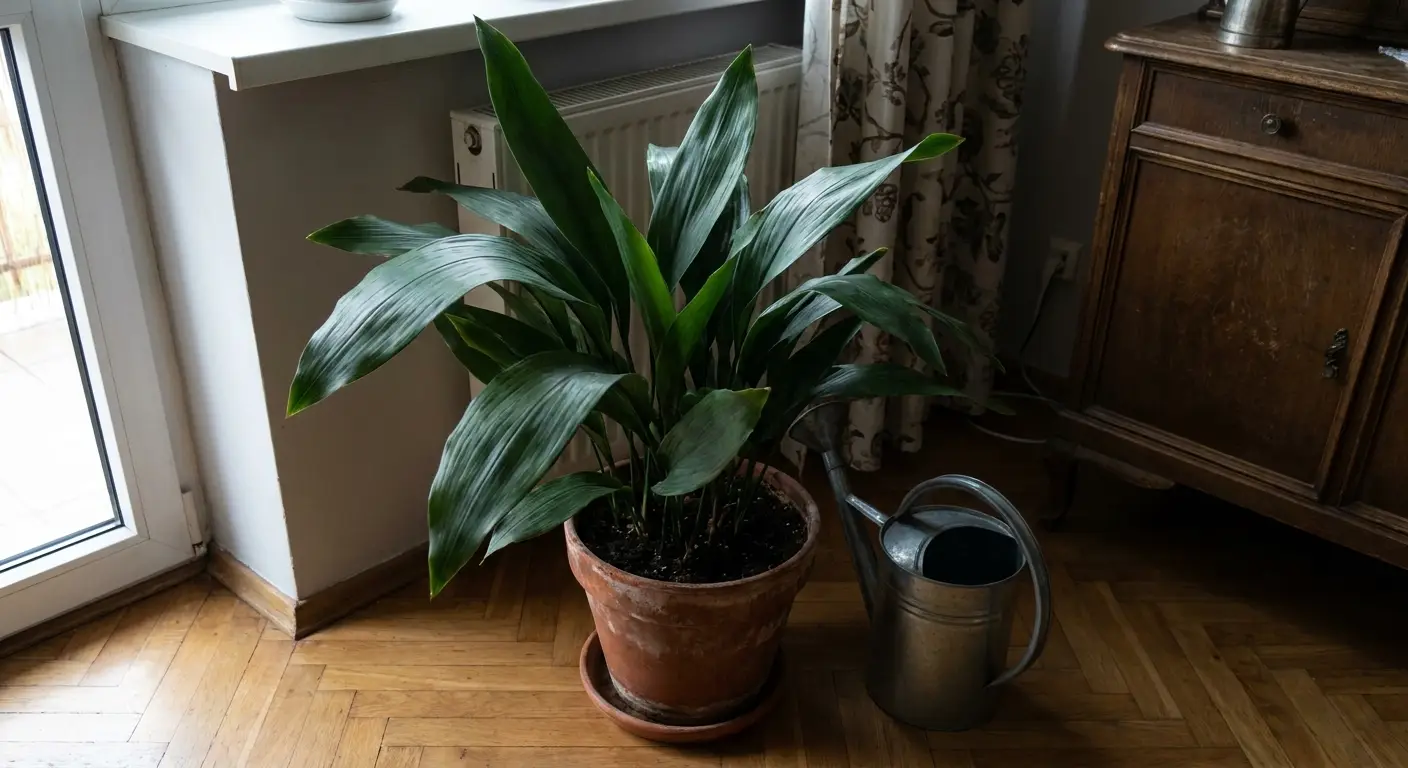 Aspidistra wyniosła w glinianej doniczce na parkiecie, w zacienionym rogu pokoju przy kaloryferze; obok stoi metalowa konewka.