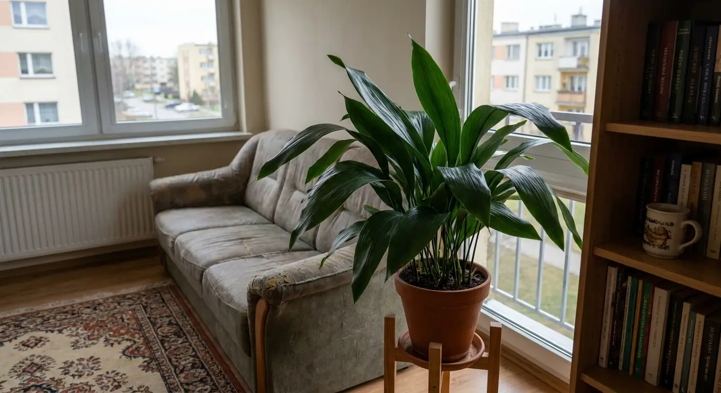 Aspidistra wyniosła (Aspidistra elatior) w glinianej doniczce na stojaku przy oknie, w pokoju z kaloryferem pod parapetem.