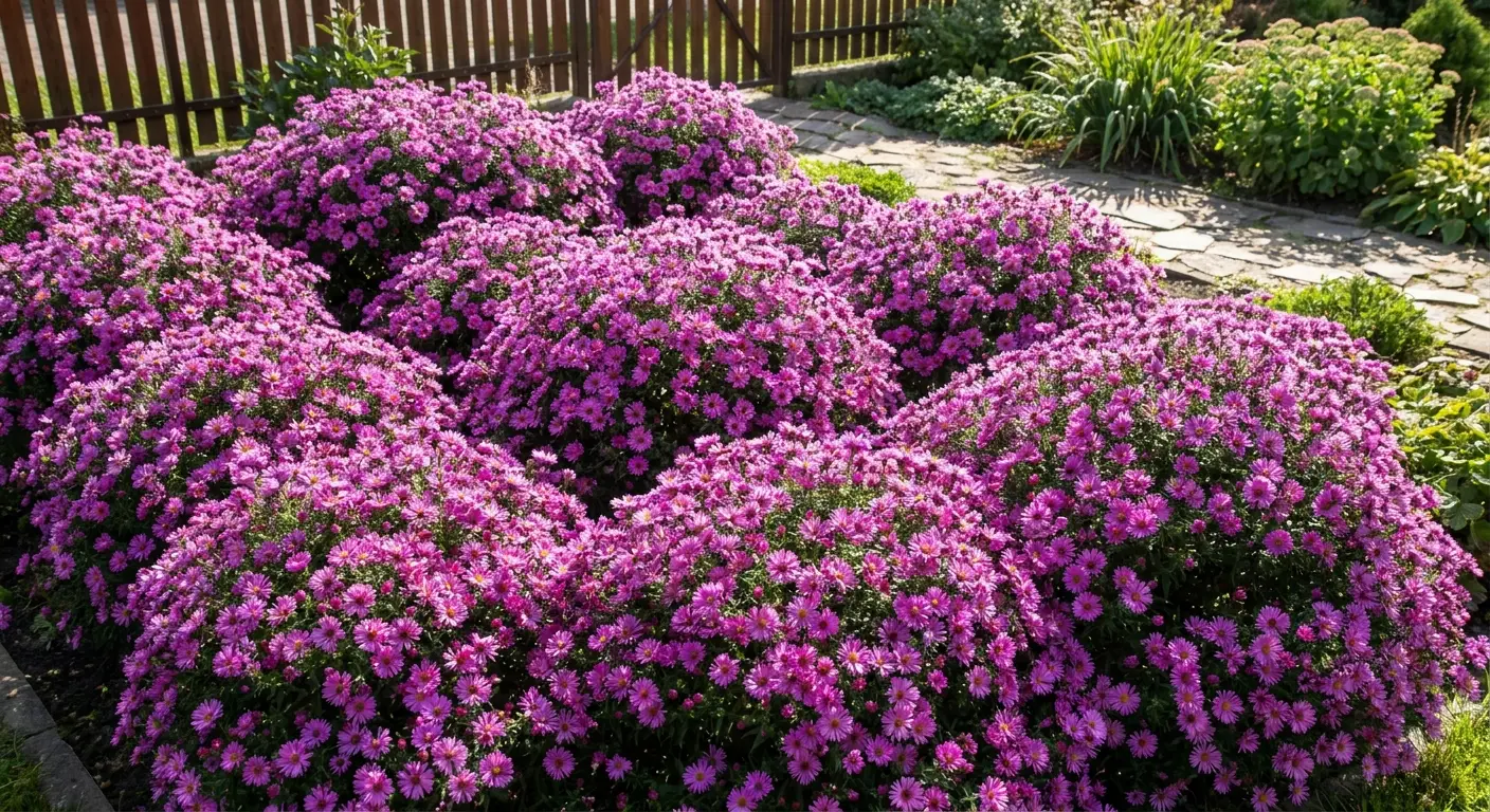 Bujne, fioletowo-różowe astry krzaczaste 'Jenny' (Symphyotrichum dumosum 'Jenny') rosnące w dużej grupie w ogrodzie, ukazujące obfitość kwitnienia.