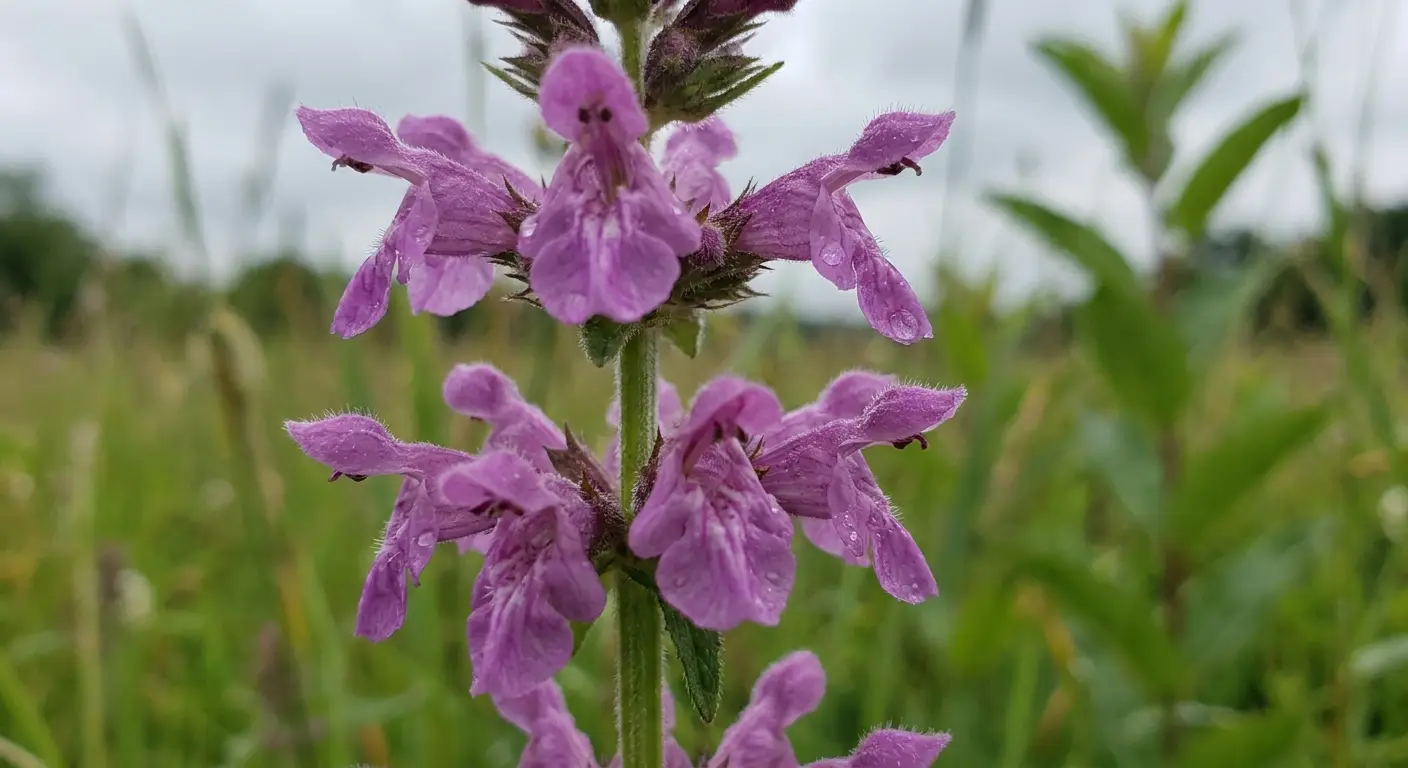 Zbliżenie na fioletowo-różowy, w pełni rozwinięty kwiatostan bukwicy zwyczajnej (Stachys officinalis), otoczony delikatnie rozmytym zielonym tłem.