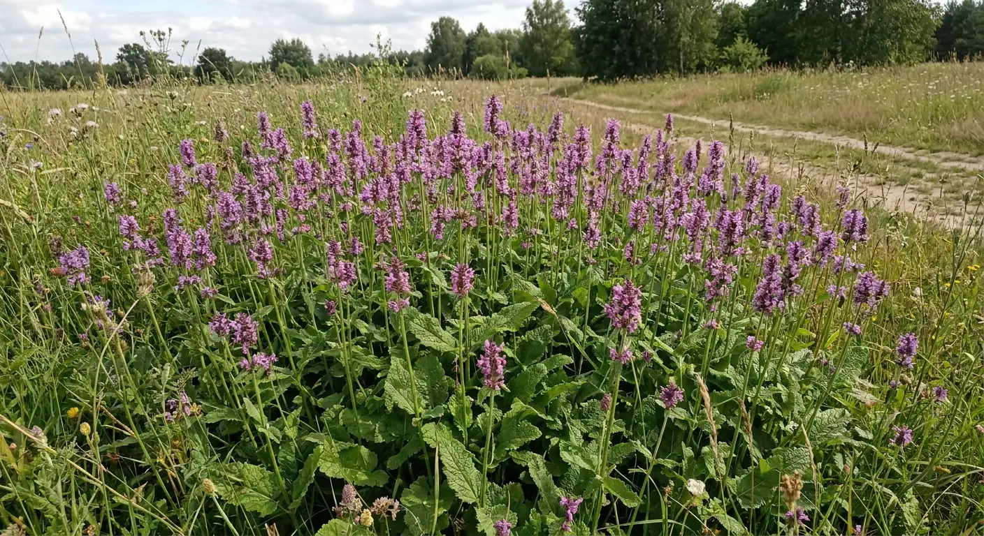 Bujne nasadzenie bukwicy zwyczajnej (Stachys officinalis) z licznymi fioletowymi kwiatostanami, rosnącej obficie na łące w pełnym słońcu.