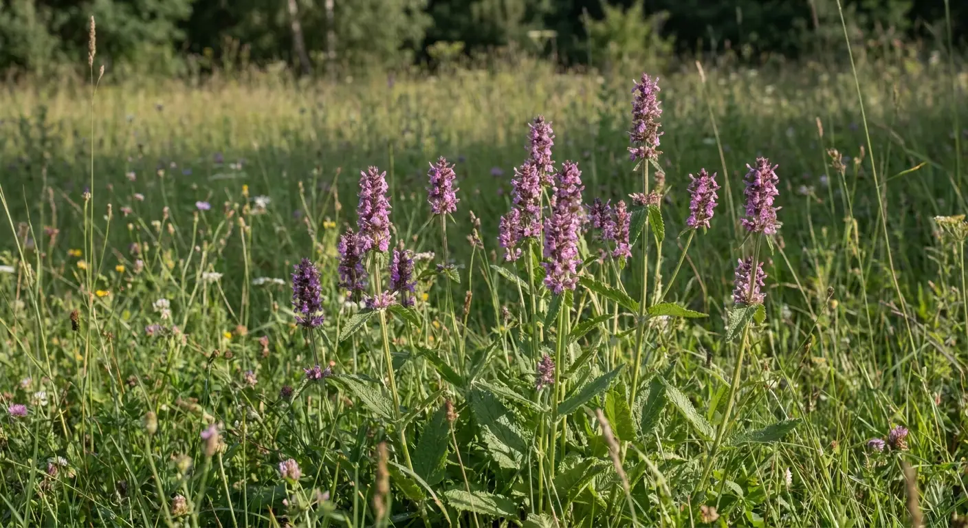 Zdjęcie przedstawiające bukwicę zwyczajną (Stachys officinalis) w pełnym rozkwicie na łące.