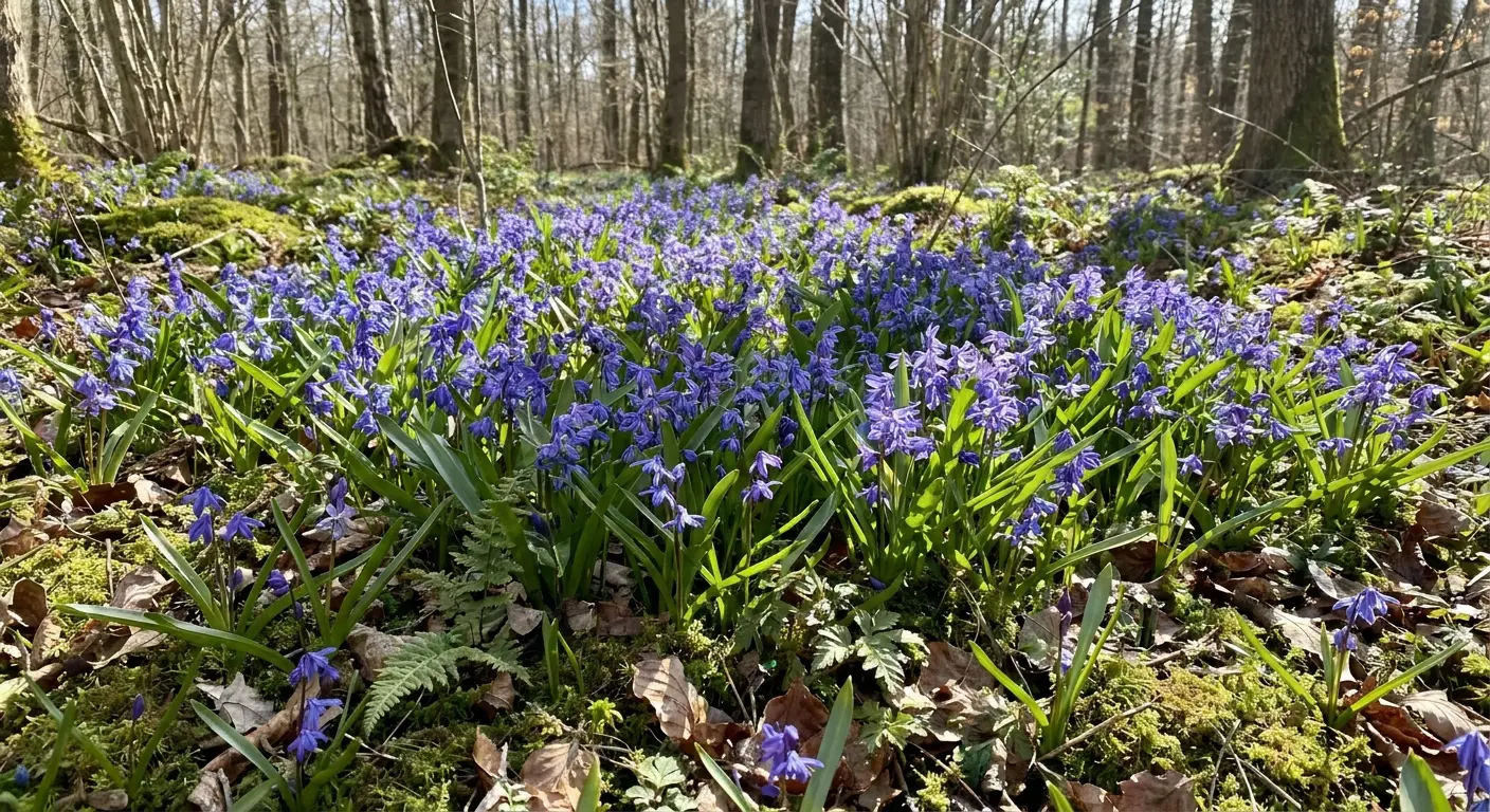 Bujna kępa kwitnącej cebulicy dwulistnej (Scilla bifolia) rosnącej masowo w lesie, oświetlona naturalnym światłem dziennym.