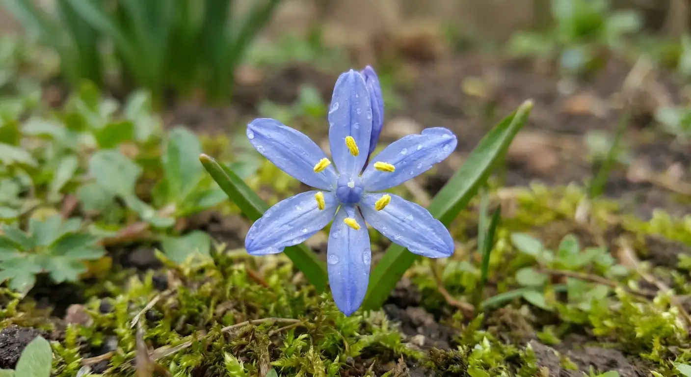 Zbliżenie na niebieski kwiat cebulicy dwulistnej (Scilla bifolia) z widocznymi pręcikami.