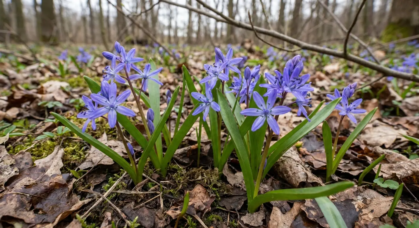 Zdjęcie przedstawiające kwitnącą cebulicę dwulistną (Scilla bifolia) w jej naturalnym leśnym siedlisku.