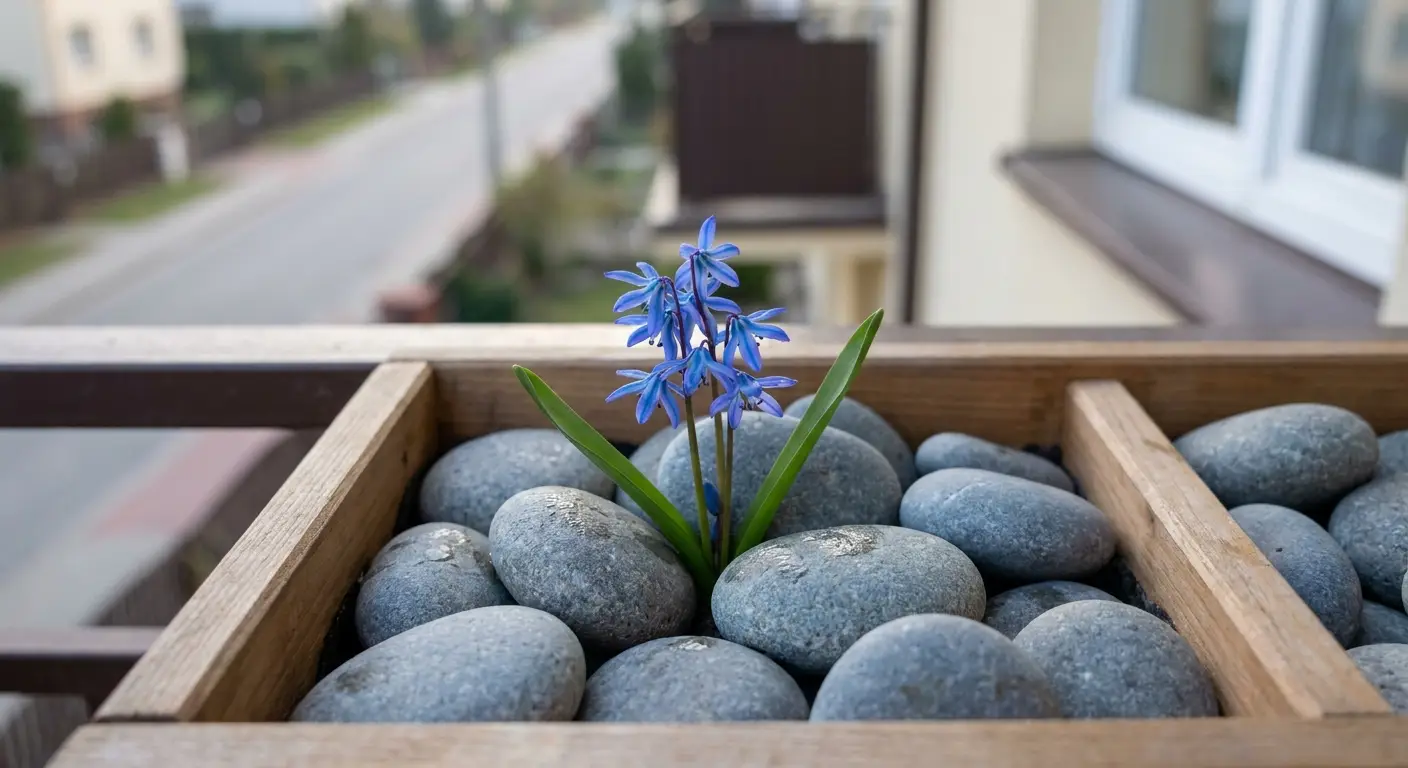 Cebulica dwulistna (Scilla bifolia) kwitnąca w drewnianej skrzynce balkonowej wyściełanej otoczakami.