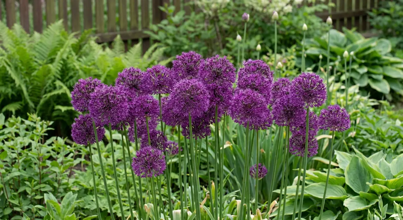 Zdjęcie przedstawia intensywnie fioletowe, kuliste kwiatostany czosnku ozdobnego 'Purple Sensation' w pełni kwitnienia, wynurzające się z zieleni ogrodu.