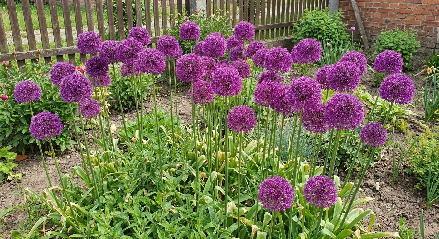 Bujne nasadzenie czosnku ozdobnego 'Purple Sensation' w ogrodzie, ukazujące wiele fioletowych kulistych kwiatostanów w pełni kwitnienia.