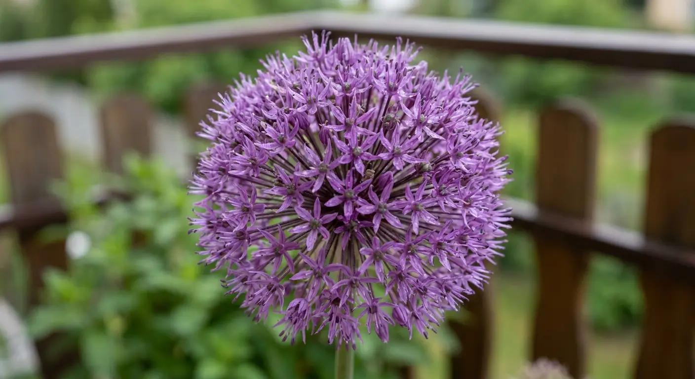 Zbliżenie na kulisty, intensywnie fioletowy kwiatostan czosnku ozdobnego 'Purple Sensation' w ogrodzie.