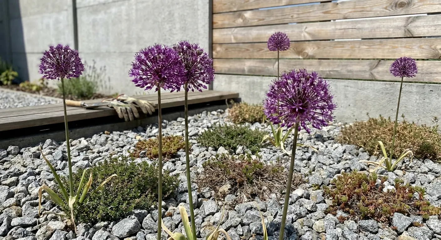 Czosnek ozdobny 'Purple Sensation' w nowoczesnym ogrodzie żwirowym z zieloną roślinnością okrywową.