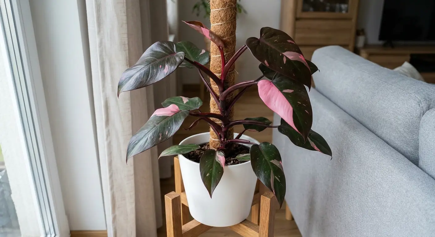 Duża doniczkowa roślina Filodendron czerwieniejący 'Pink Princess' w eleganckim, jasnym salonie, na tle minimalistycznego wnętrza.